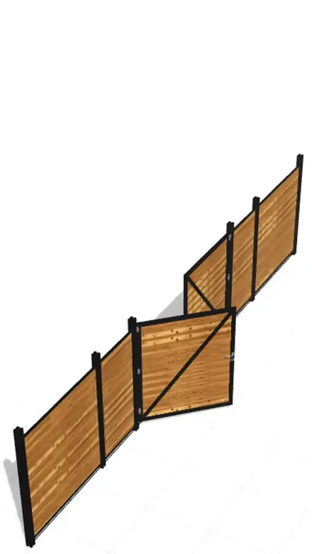 Visualisierung einer modernen Sichtschutzanlage mit Holzlamellen schwarzen Alupfosten und integriertem Tor