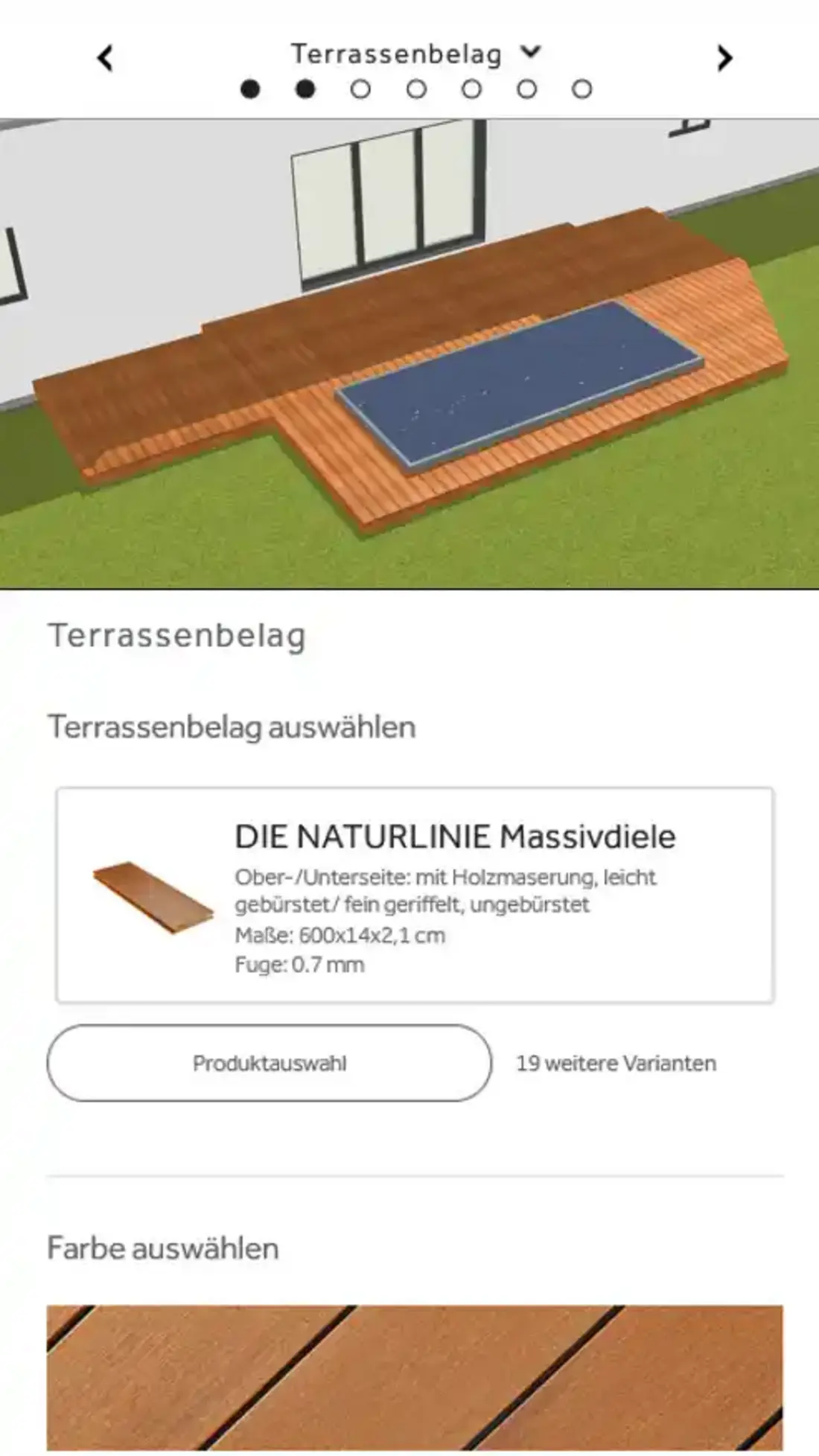 Mobile Ansicht des NaturinForm Terrassen Konfigurators mit einer Holzterrasse in Bernsteinbraun rund um einen rechteckigen Pool