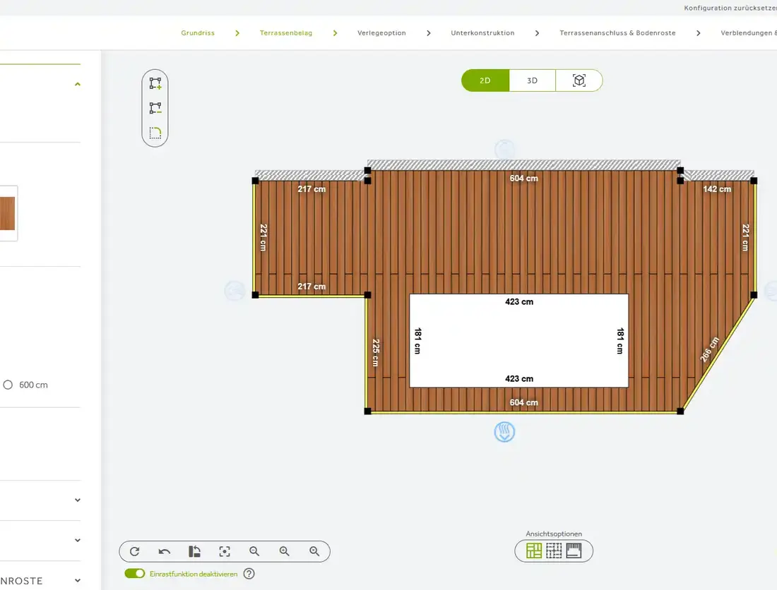 Screenshot Terrassen Konfigurators mit Verlegeplan einer Terrasse inklusive Maße sowie Längenauswahl ebenso Oberflächenstruktur