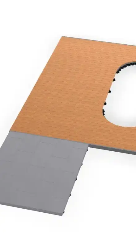 L Terrasse 3D Ansicht Holzbelag Oval Aussparung für Whirlpool oder Pflanzbecken Kombination aus Holz und Steinplatten