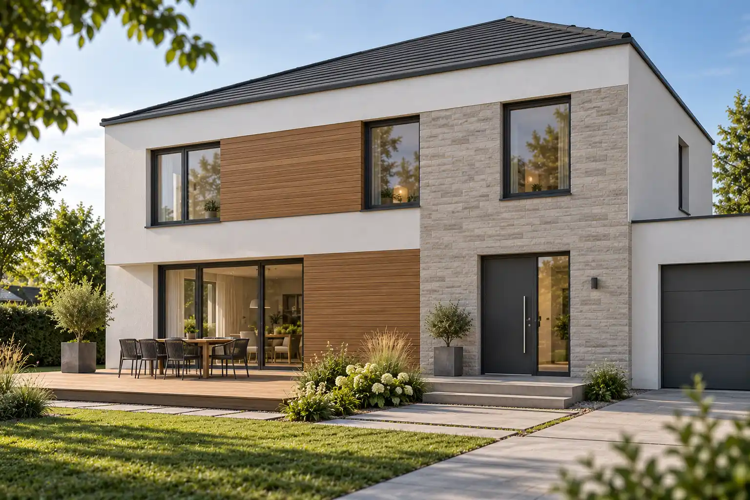 Einfamilienhaus mit Fassade im Materialmix aus weißem Putz, waagerechter Holzverkleidung und hellen Natursteinriemchen