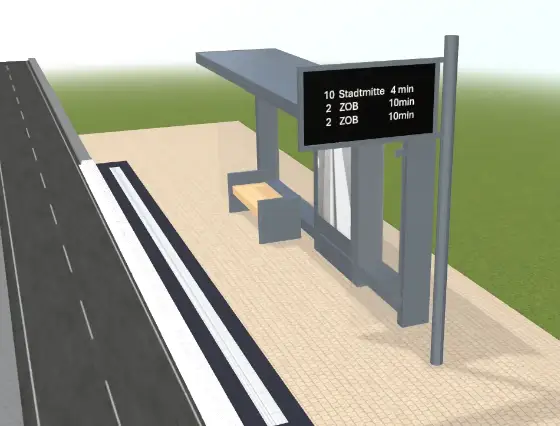 3D-Konfigurator: Bushaltestelle mit Überdachung, Sitzbank, Anzeigetafel und taktilem Leitstreifen