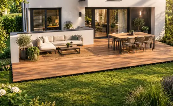 3D-Terrasse mit Holzbelag und Aussparung