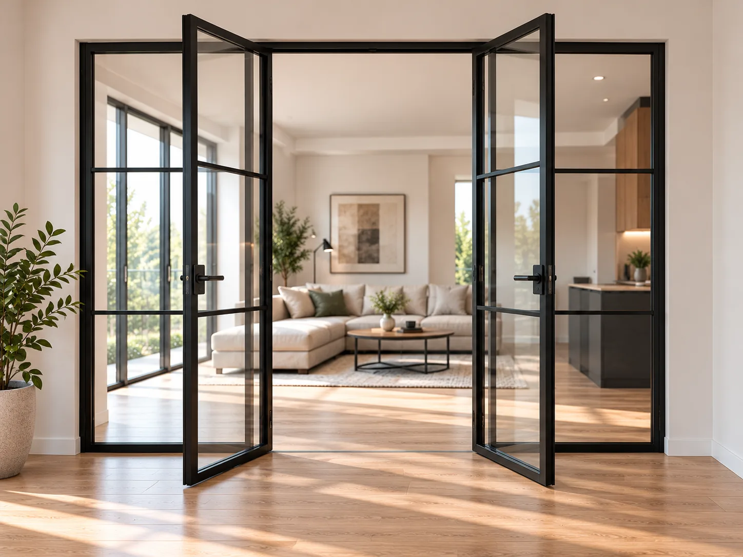 Geöffnete zweiflügelige Glastür im Industrial-Stil mit schwarzen Stahlrahmen und Sprossen als Raumteiler zum Wohnbereich
