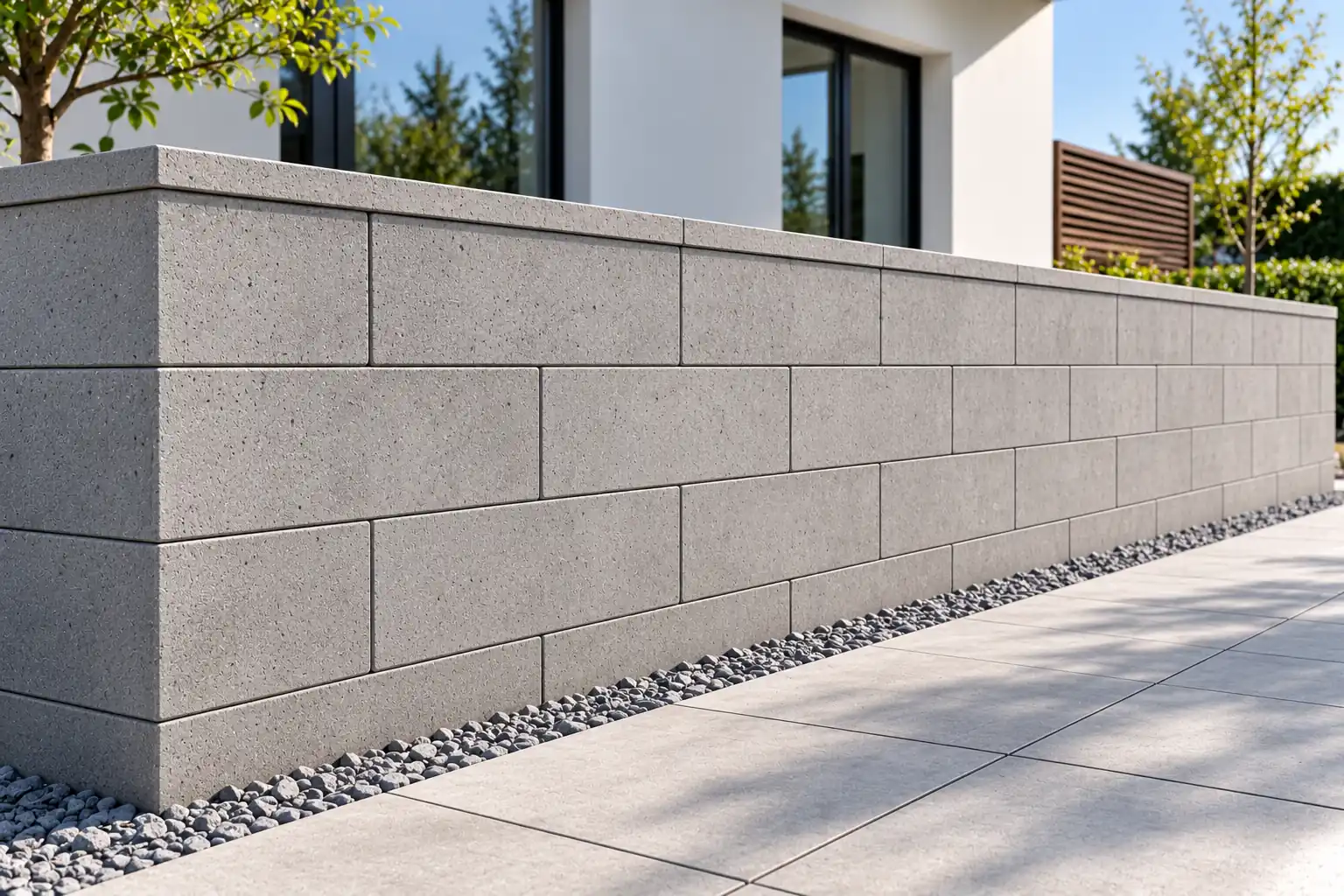 Moderne Gartenmauer aus großformatigen, glatten Betonsteinen in Hellgrau mit Abdeckplatte vor einem weißen Haus
