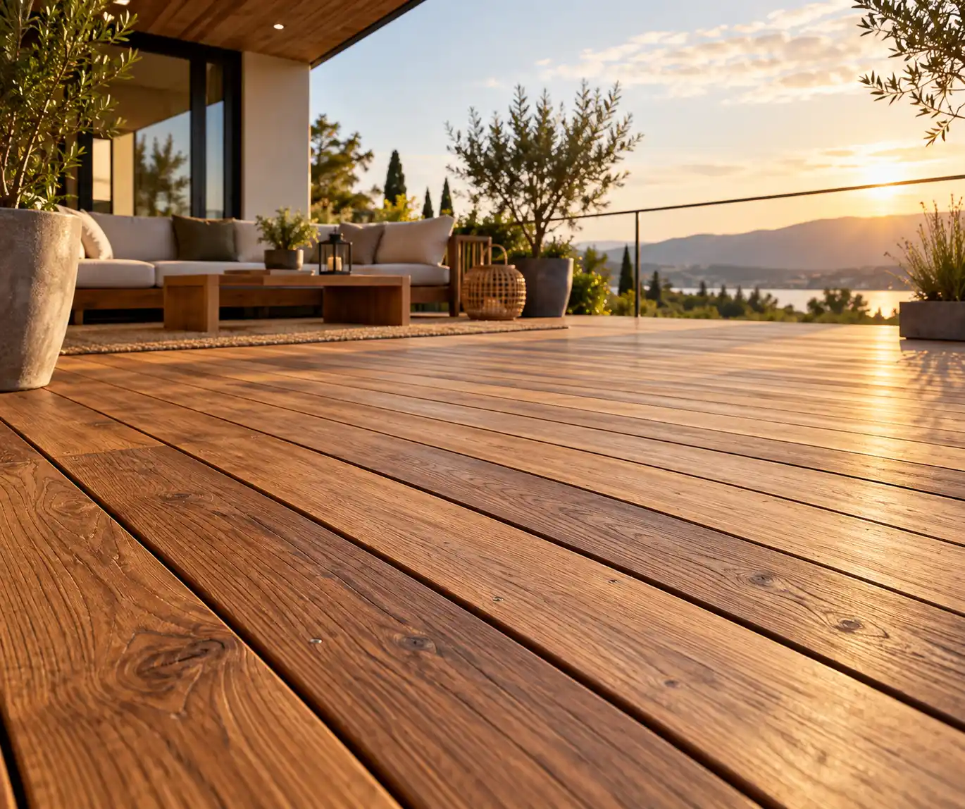 Nahaufnahme einer Terrasse aus warmbraunen Holzdielen mit deutlich sichtbarer Maserung und schmalen Fugen im goldenen Abendlicht.