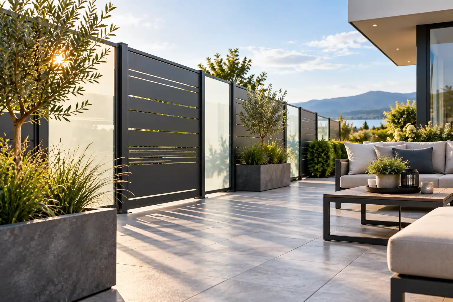 Moderner Sichtschutz aus anthrazitfarbenen Aluminium-Lamellen und Milchglas auf Terrasse mit Steinplatten und Lounge-Möbeln